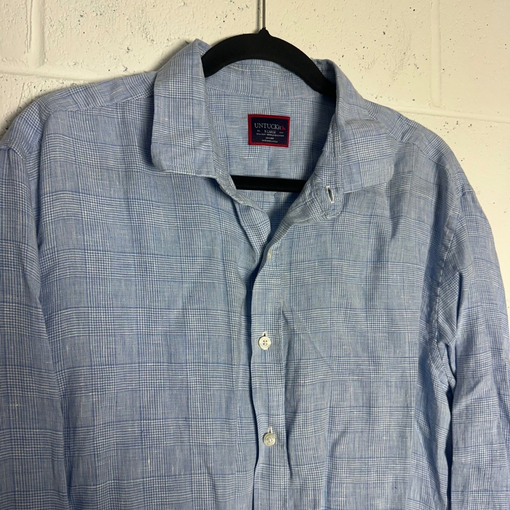 UNTUCKit Mens XL Tall Slim Linen Shirt Blue Plaid Wrinkle Resistant Long Sleeve